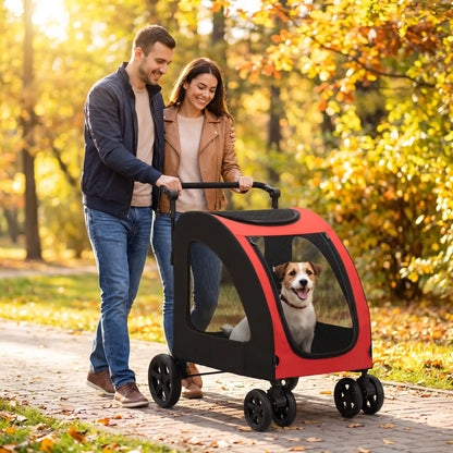 beau couple en balade avec chiot dans poussette pour chien 