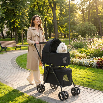 belle femme parc chiot blanc dans poussette pour chien noire