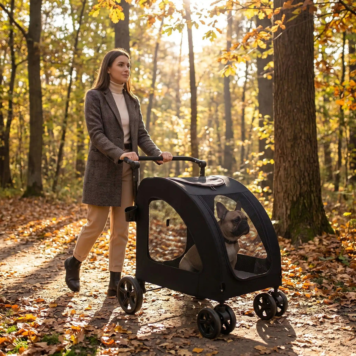 femme promenant chiot dans jolie  poussette pour chien noire foret