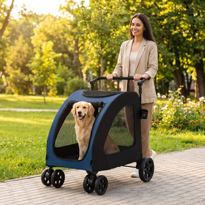 jolie femme avec chien dans belle poussette pour chien bleue 