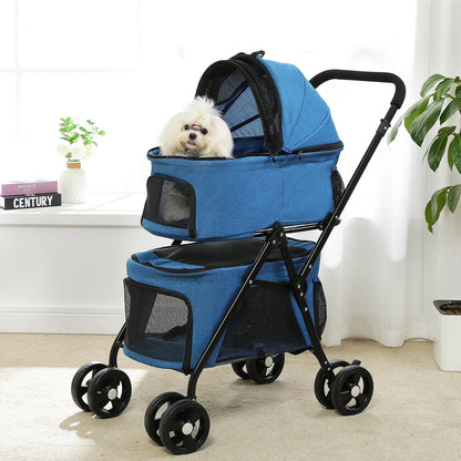 jolie poussette pour chien bleue contenant chiot-blanc-dans-maison