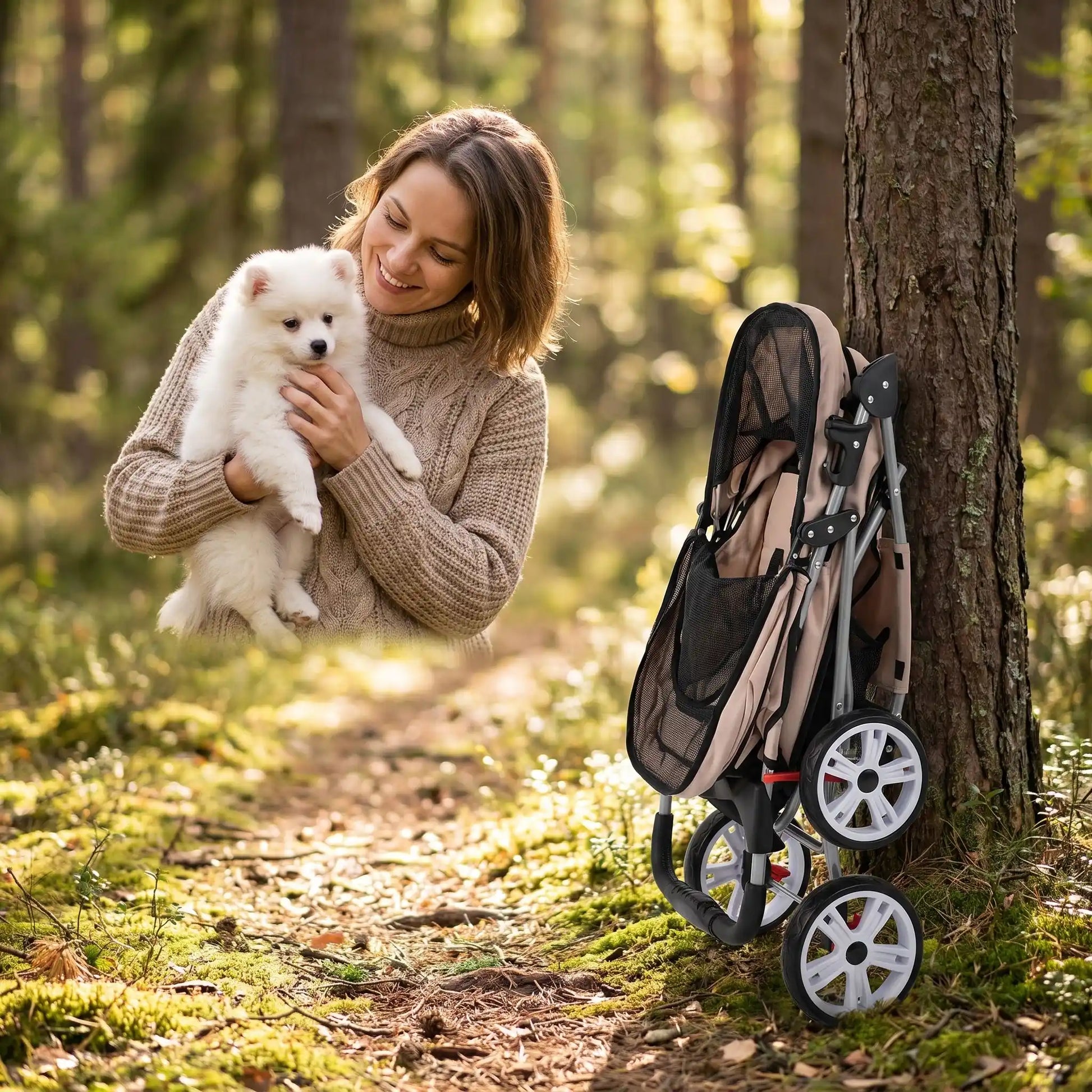 poussette pour chien plie et femme avec chiot dans bras