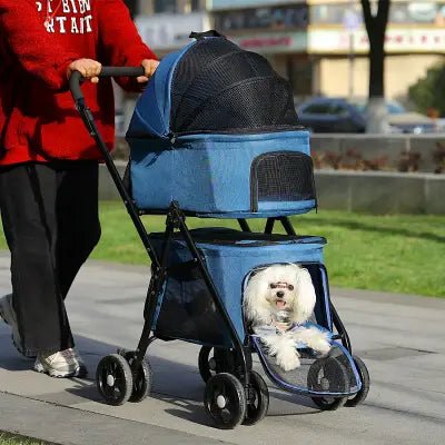 propriétaire avec chiot blanc dans jolie poussette pour chien bleue